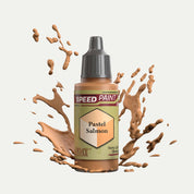 Bottle of the Army Painters Speedpaint in the colour Pastel Salmon on a white background. There are splatters of Pastel Salmon paint emerging from the bottom of the paint bottle. 