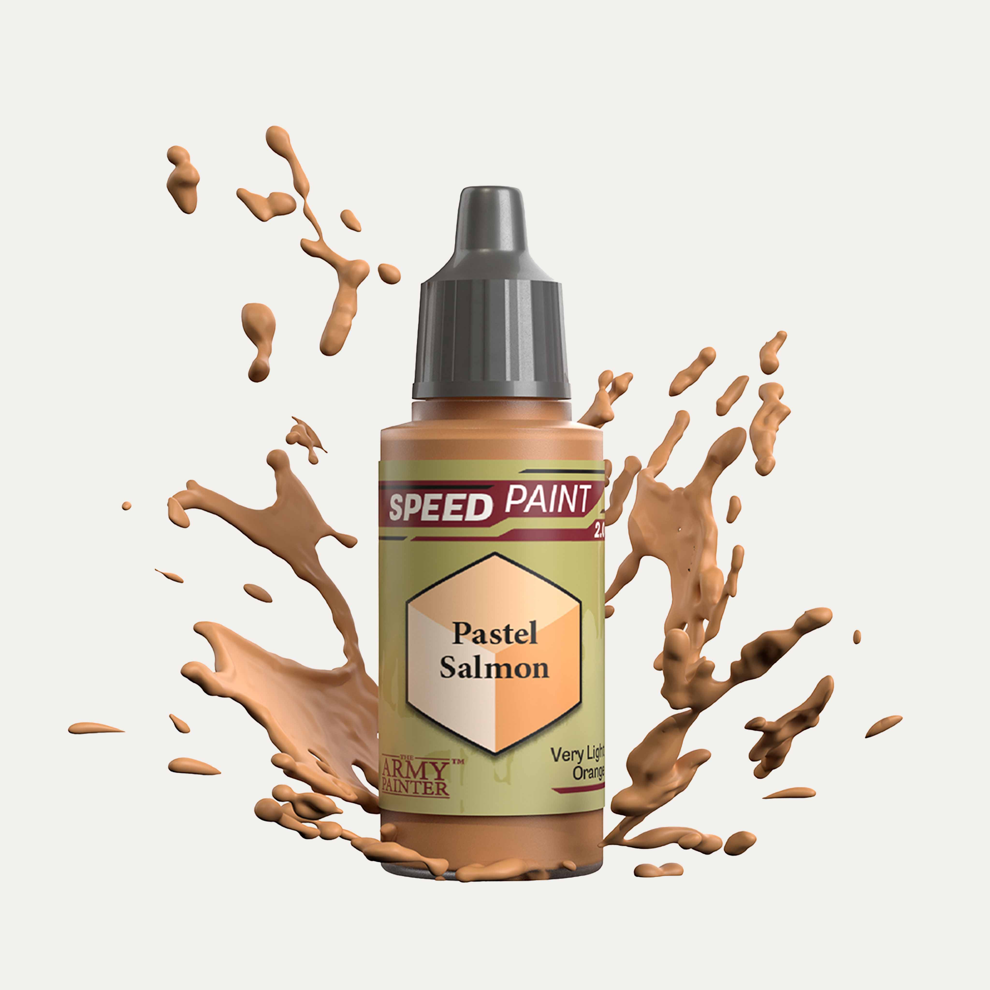 Bottle of the Army Painters Speedpaint in the colour Pastel Salmon on a white background. There are splatters of Pastel Salmon paint emerging from the bottom of the paint bottle. 