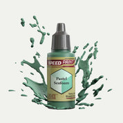 Bottle of the Army Painters Speedpaint in the colour Pastel Seafoam on a white background. There are splatters of Pastel Seafoam paint emerging from the bottom of the paint bottle. 