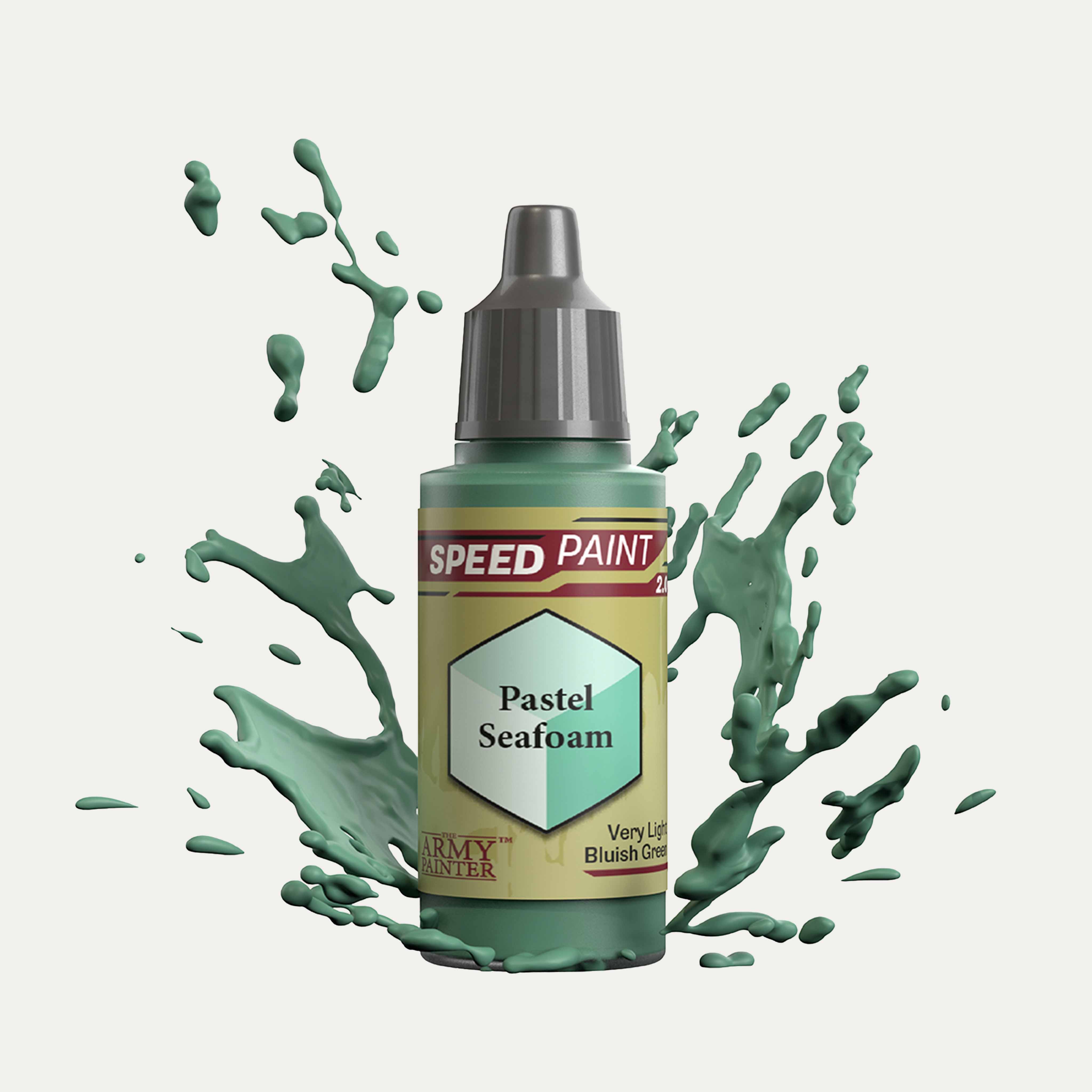 Bottle of the Army Painters Speedpaint in the colour Pastel Seafoam on a white background. There are splatters of Pastel Seafoam paint emerging from the bottom of the paint bottle. 