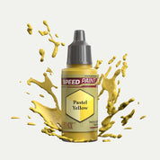 Bottle of the Army Painters Speedpaint in the colour Pastel Yellow on a white background. There are splatters of Pastel Yellow paint emerging from the bottom of the paint bottle. 