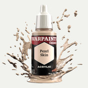 Bottle of the Army Painter Fanatics in the colour Pearl Skin on a white background. There are splatters of paint emerging from the bottom of the paint bottle. 