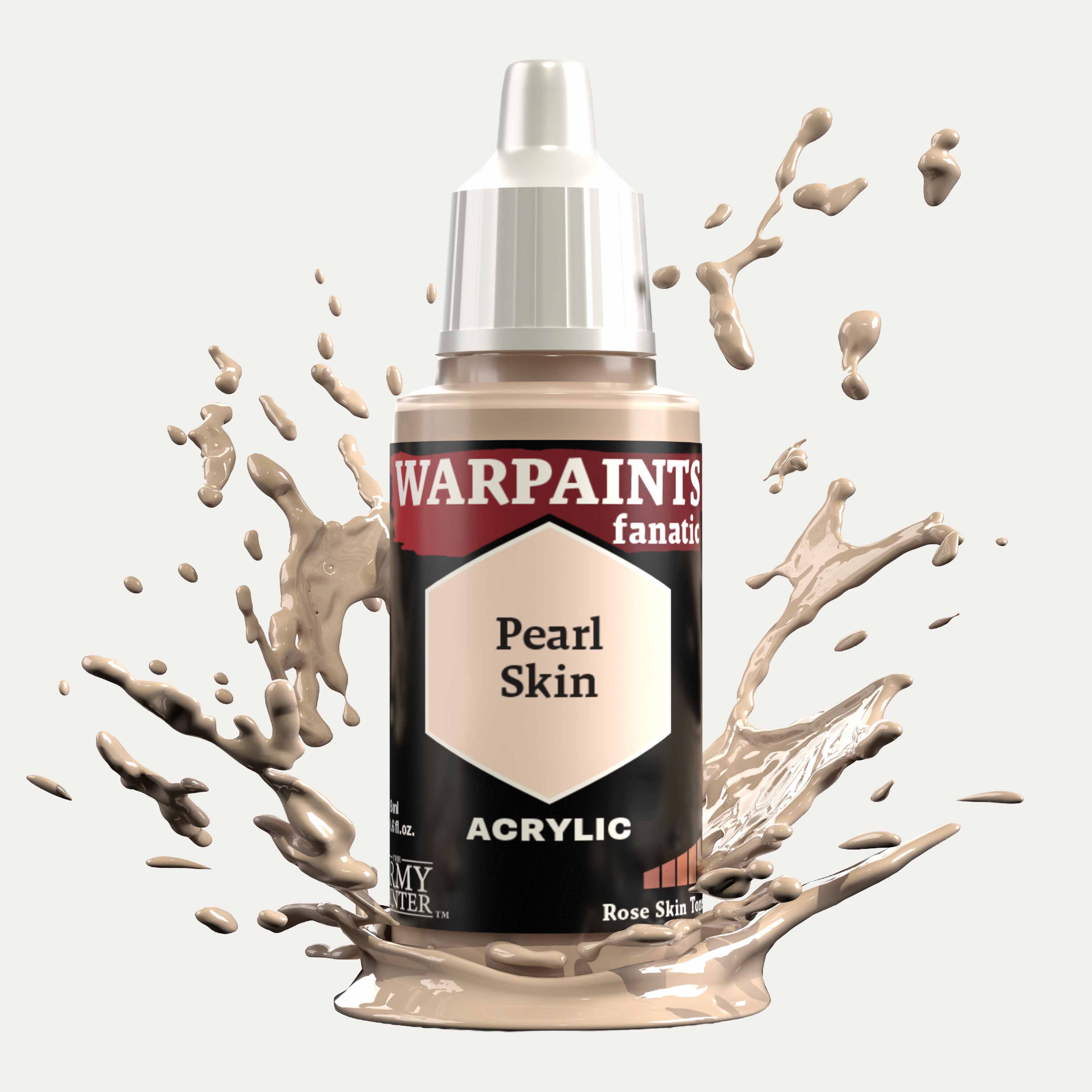 Bottle of the Army Painter Fanatics in the colour Pearl Skin on a white background. There are splatters of paint emerging from the bottom of the paint bottle. 