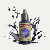Bottle of the Army Painter Speedpaint in the colour Periwinkle Purple on a white background. There are splatters of Periwinkle Purple paint emerging from the bottom of the paint bottle. 