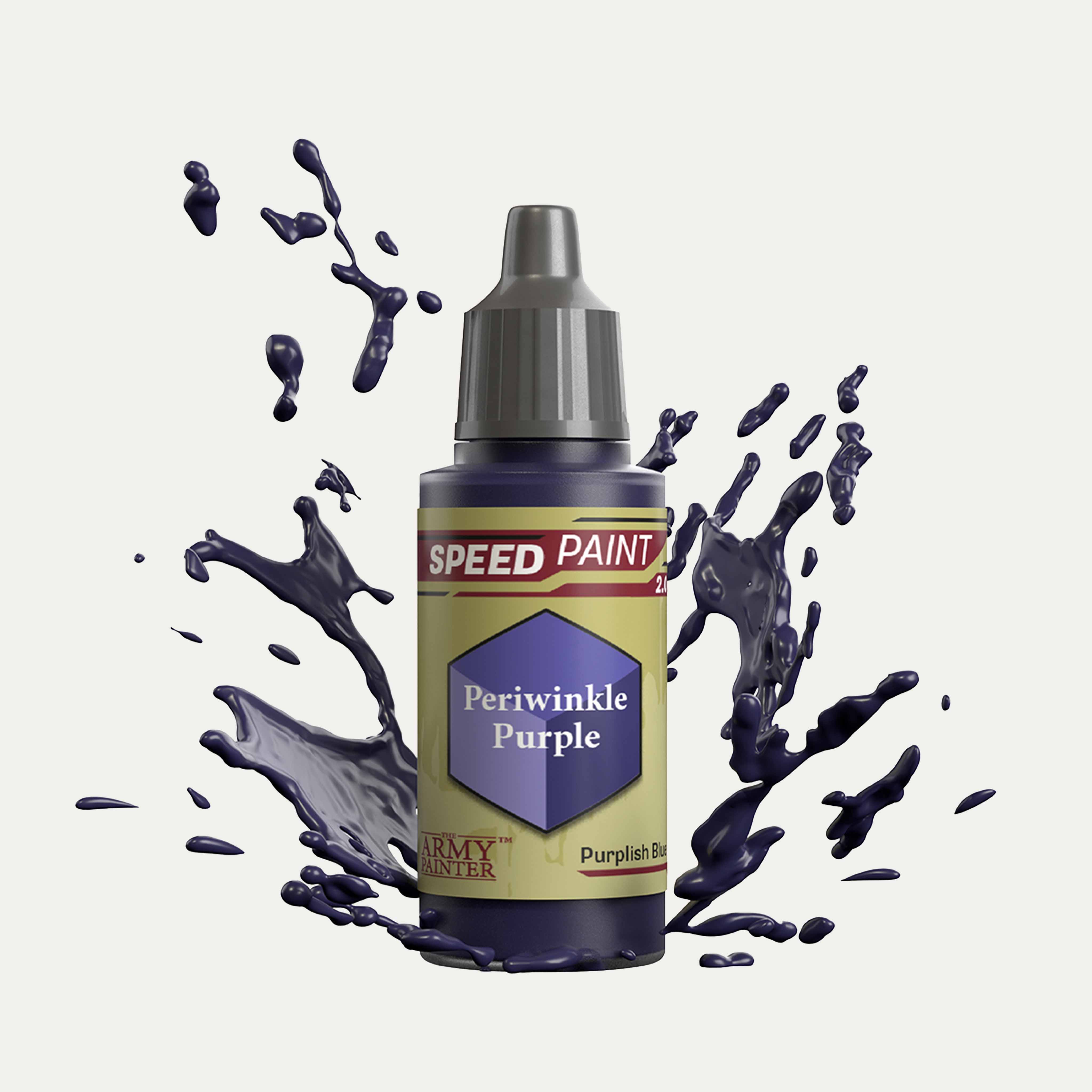 Bottle of the Army Painter Speedpaint in the colour Periwinkle Purple on a white background. There are splatters of Periwinkle Purple paint emerging from the bottom of the paint bottle. 