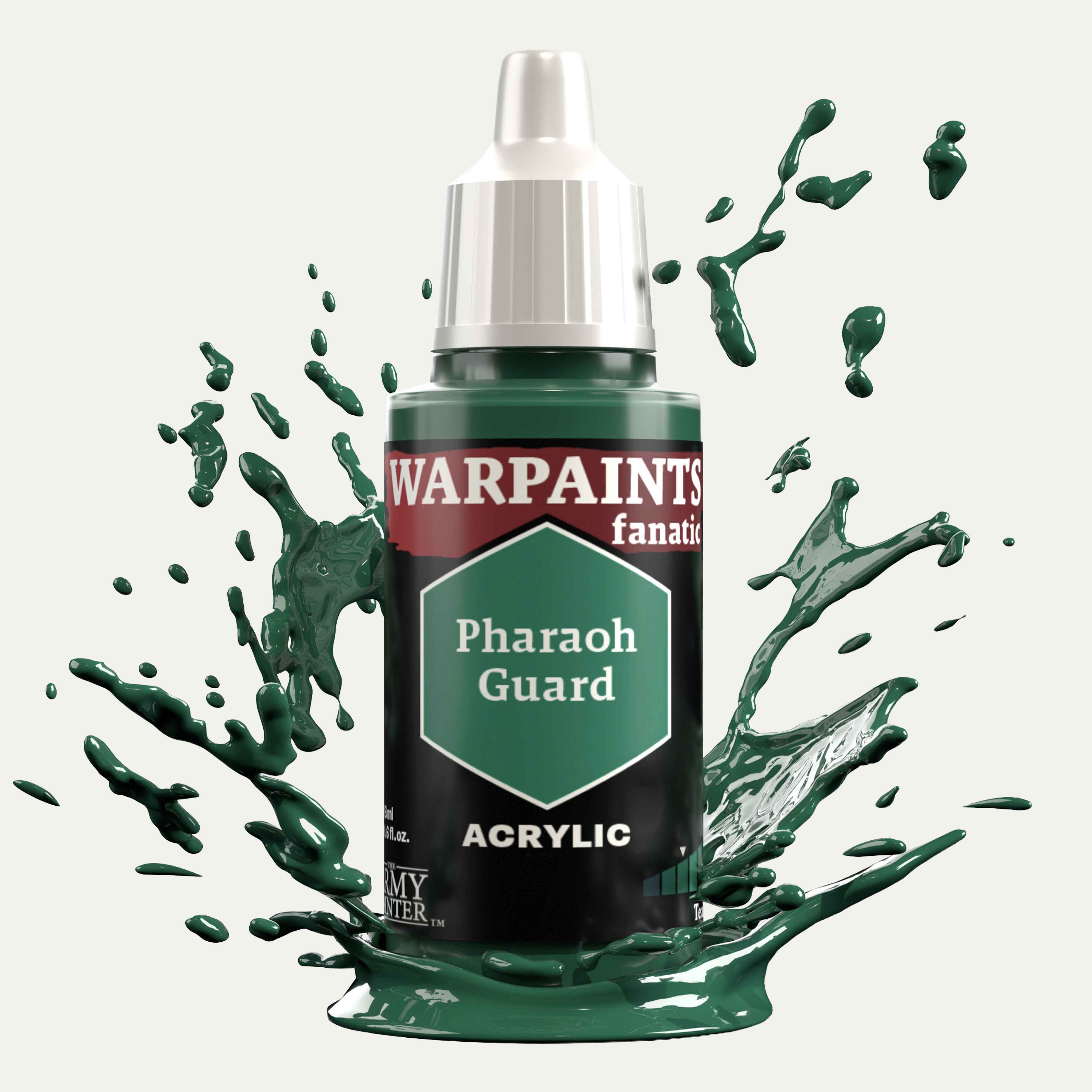 Bottle of the Army Painter Fanatics in the colour Pharaoh Guard on a white background. There are splatters of paint emerging from the bottom of the paint bottle. 