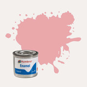 Humbrol Enamel paint tin, with a splatter of Pink Gloss colour behind it, on a white background.
