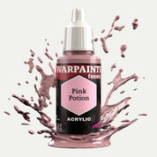 Bottle of the Army Painter Fanatics in the colour Pink Potion on a white background. There are splatters of paint emerging from the bottom of the paint bottle. 