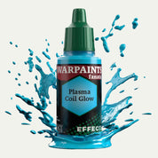 Bottle of the Army Painter Fanatics Effects in the colour Plasma Coil Glow on a white background. There are splatters of paint emerging from the bottom of the paint bottle. 