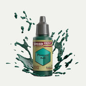 Bottle of the Army Painter Speedpaint in the colour Plasmatic Bolt  on a white background. There are splatters of Plasmatic Bolt paint emerging from the bottom of the paint bottle. 
