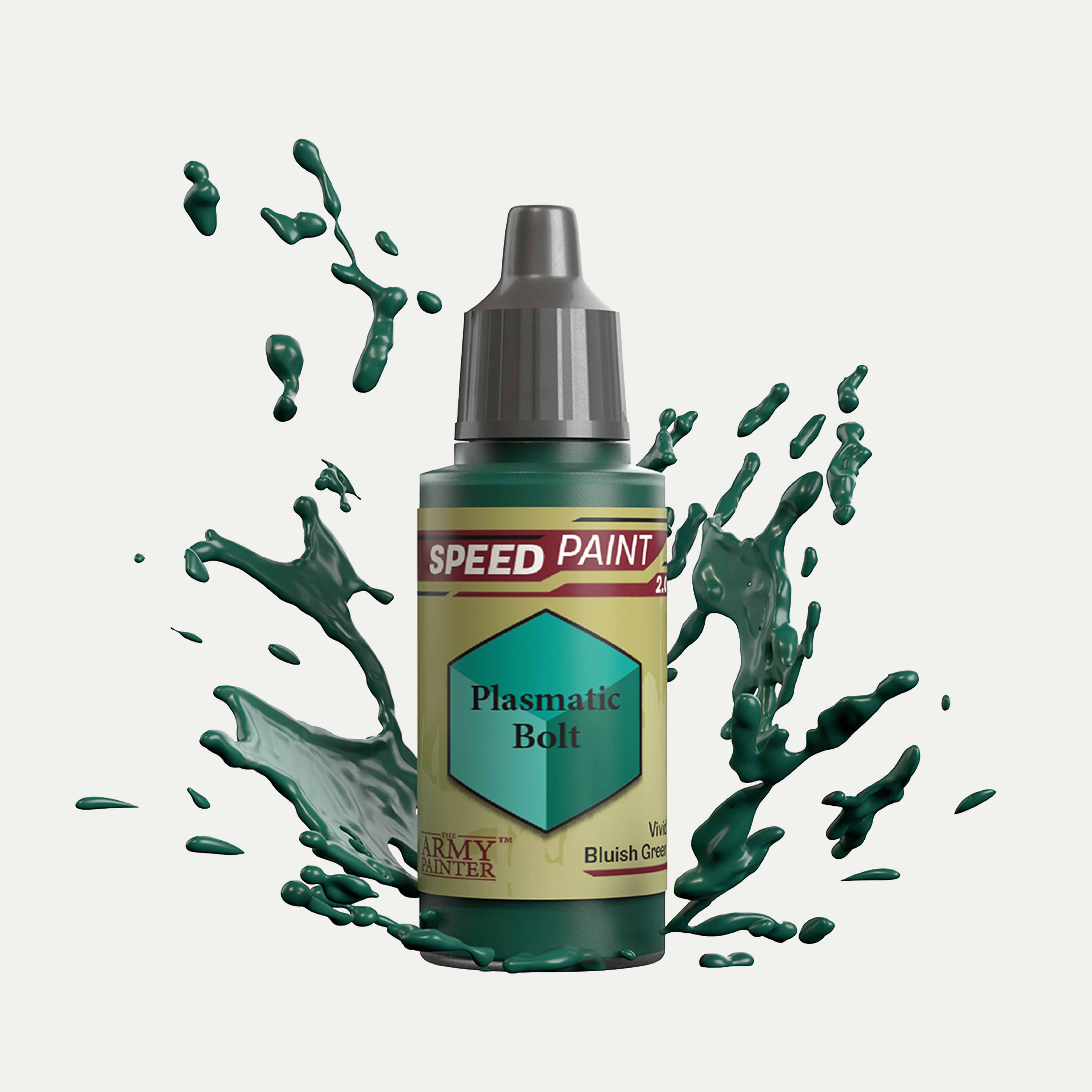 Bottle of the Army Painter Speedpaint in the colour Plasmatic Bolt  on a white background. There are splatters of Plasmatic Bolt paint emerging from the bottom of the paint bottle. 
