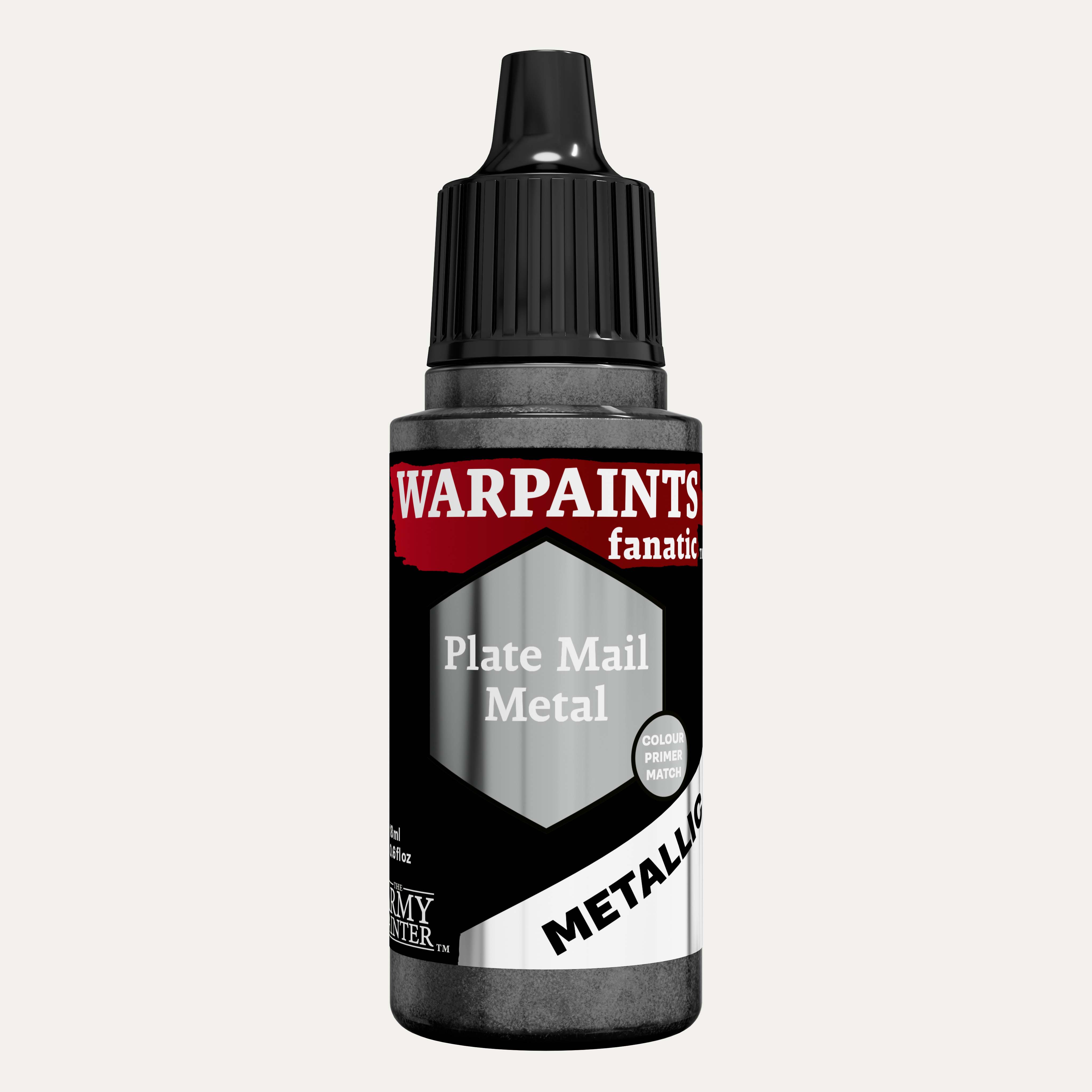 Bottle of the Army Painter Fanatics Metallic paint in the colour Plate Mail Metal on a white background.