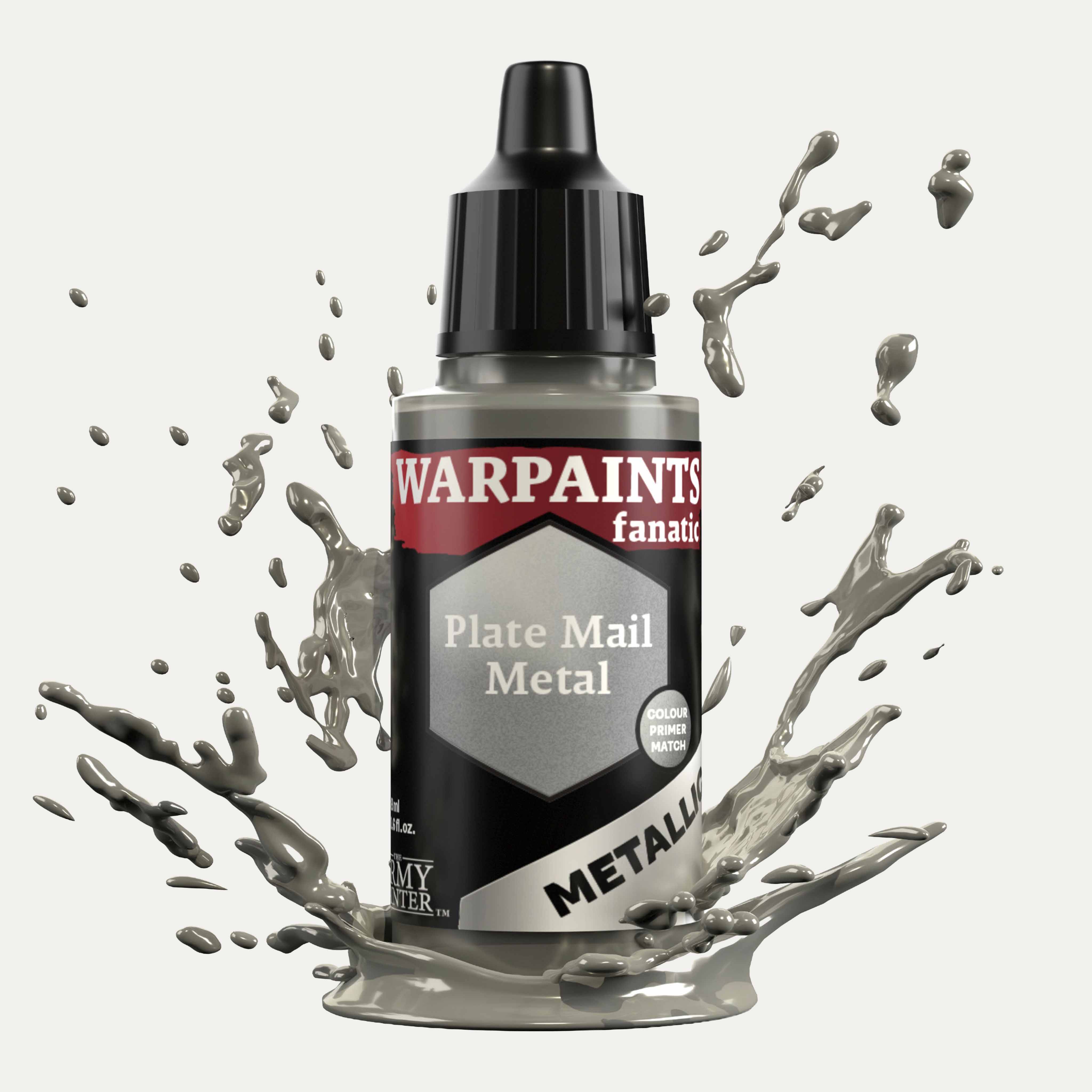 Bottle of the Army Painter Fanatics Metallic paint in the colour Plate Mail Metal on a white background. There are splatters of paint emerging from the bottom of the paint bottle. 