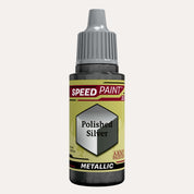 Bottle of the Army Painters metallic Speedpaint in the colour Polished Silver on a white background. 