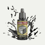 Bottle of the Army Painters metallic Speedpaint in the colour Polished Silver on a white background. There are splatters of Polished Silver paint emerging from the bottom of the paint bottle. 