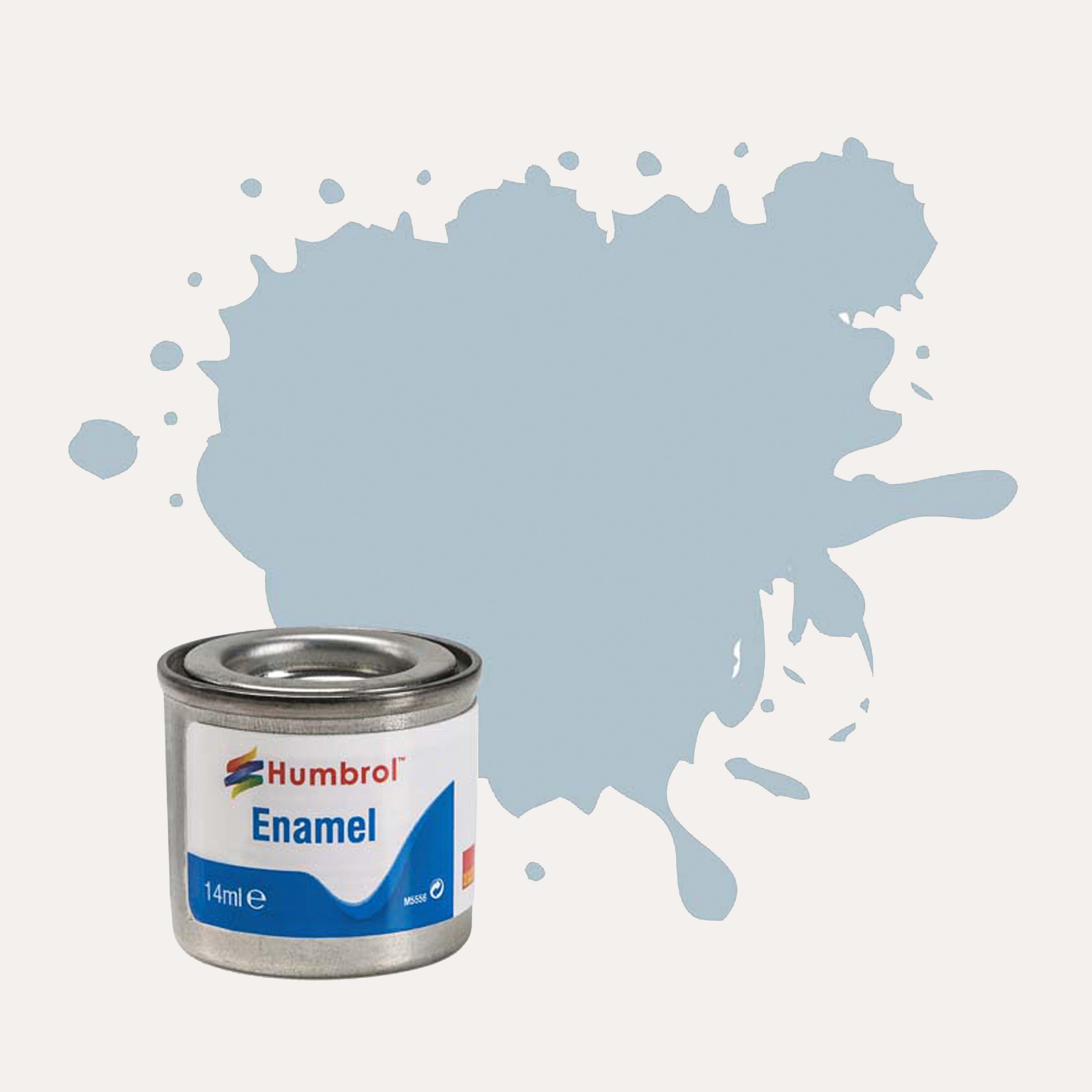 Humbrol Enamel paint tin, with a splatter of Polished Steel Metalcote colour behind it, on a white background.