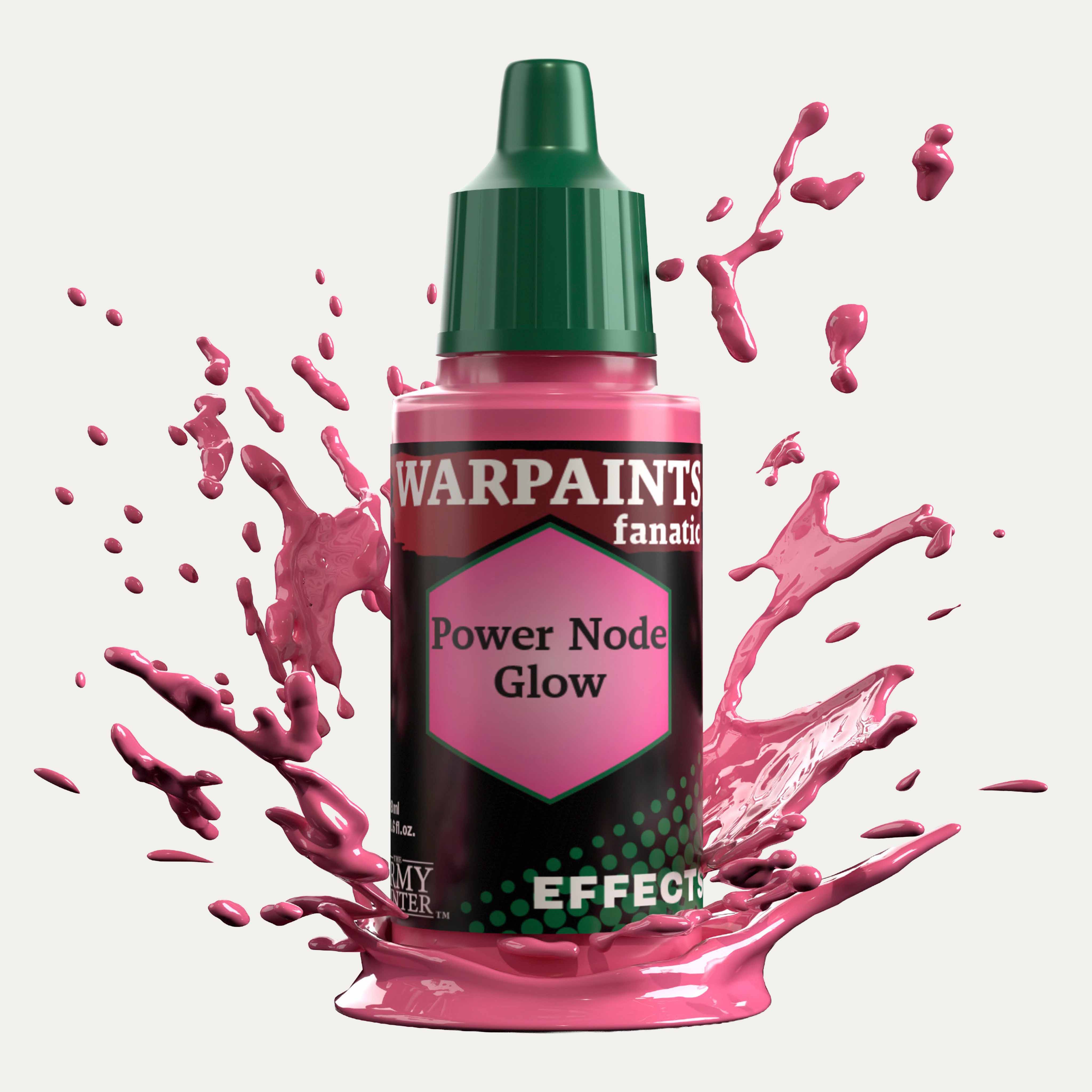 Bottle of the Army Painter Fanatics Effects in the colour Power Node Glow on a white background. There are splatters of paint emerging from the bottom of the paint bottle. 