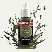 Bottle of the Army Painter Fanatics in the colour Prairie Ochre on a white background. There are splatters of paint emerging from the bottom of the paint bottle. 
