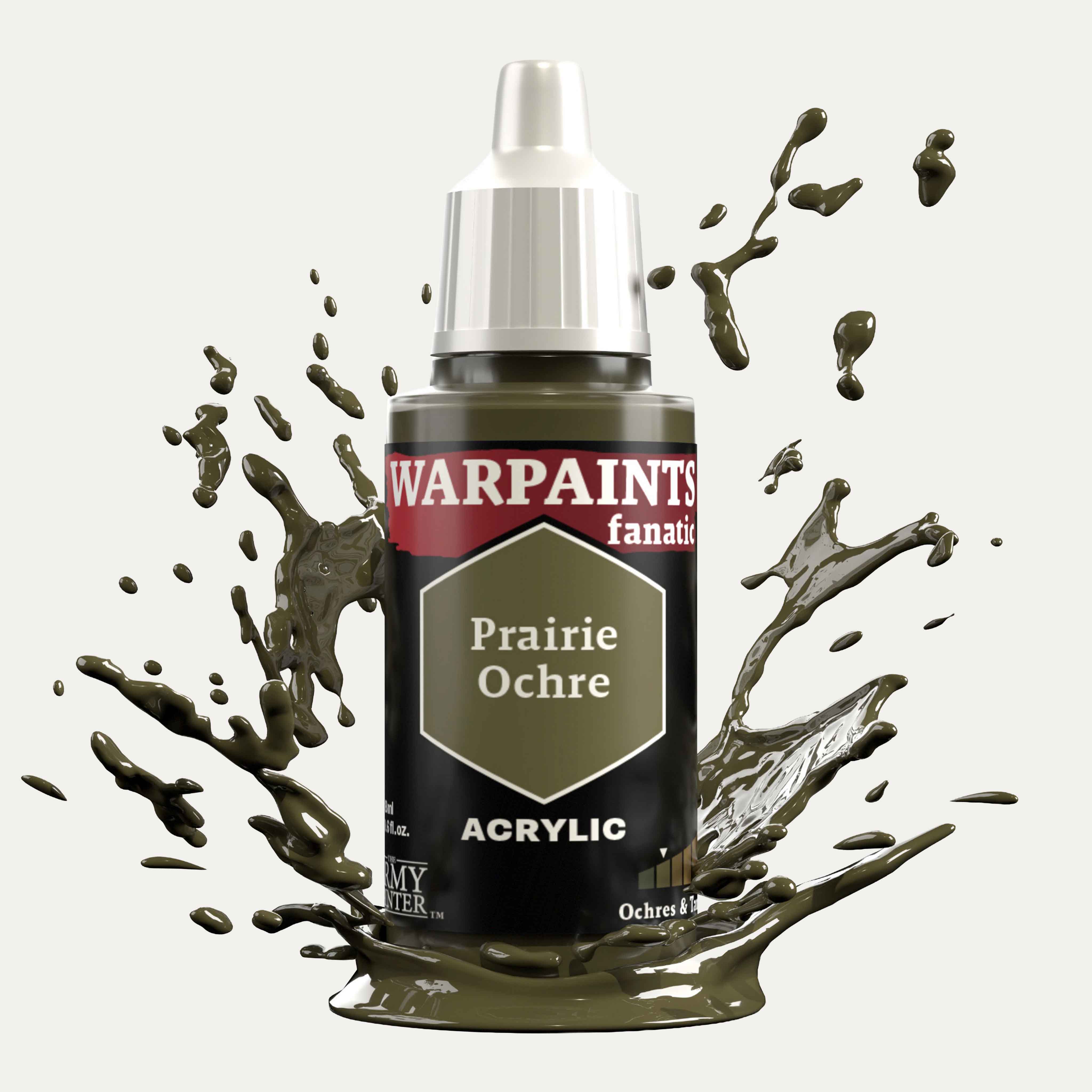 Bottle of the Army Painter Fanatics in the colour Prairie Ochre on a white background. There are splatters of paint emerging from the bottom of the paint bottle. 
