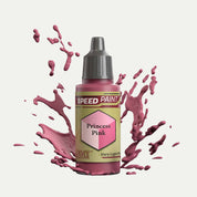 Bottle of the Army Painters Speedpaint in the colour Princess Pink on a white background. There are splatters of Princess Pink paint emerging from the bottom of the paint bottle. 