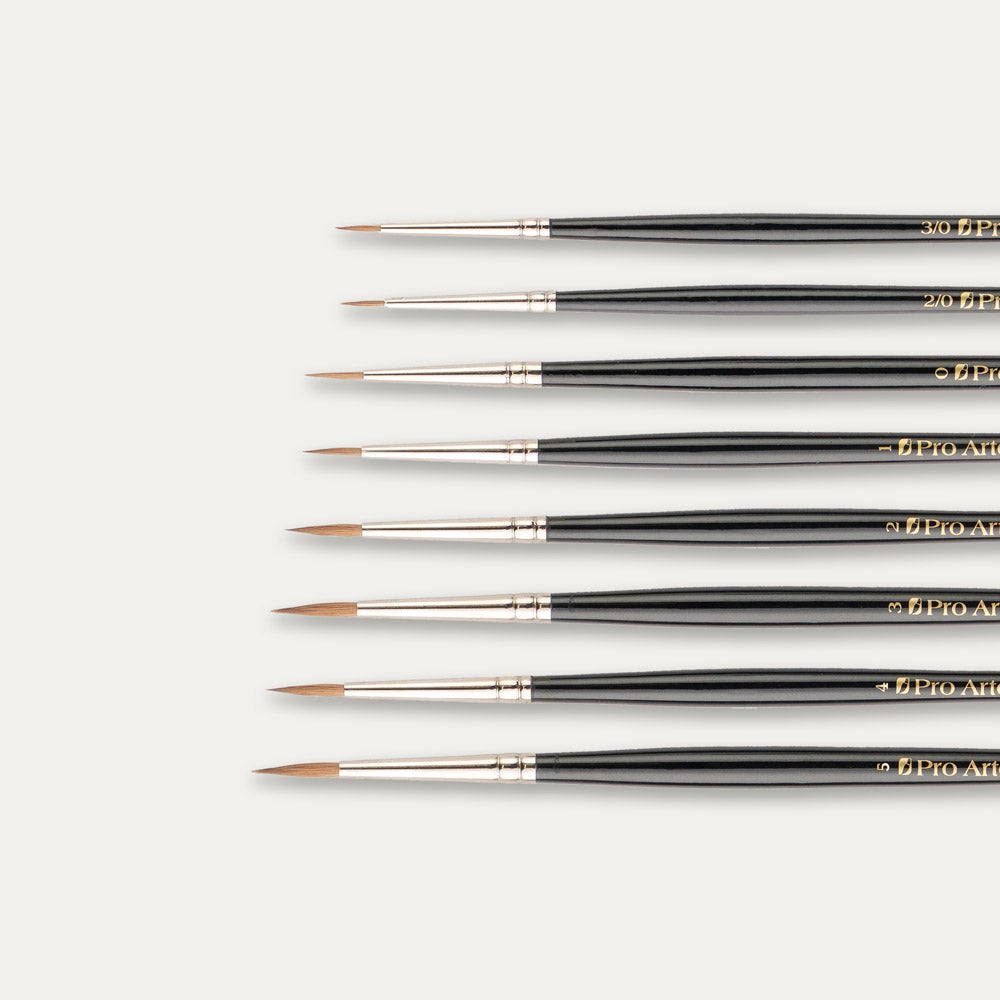 Close-up of the brush tips of the Pro Arte Imperium paint brush range on a white background. 