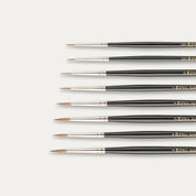 Close-up of the brush tips of the Pro Arte Imperium paint brush range on a white background. 
