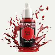 Bottle of the Army Painter Fanatics in the colour Pure Red on a white background. There are splatters of paint emerging from the bottom of the paint bottle. 