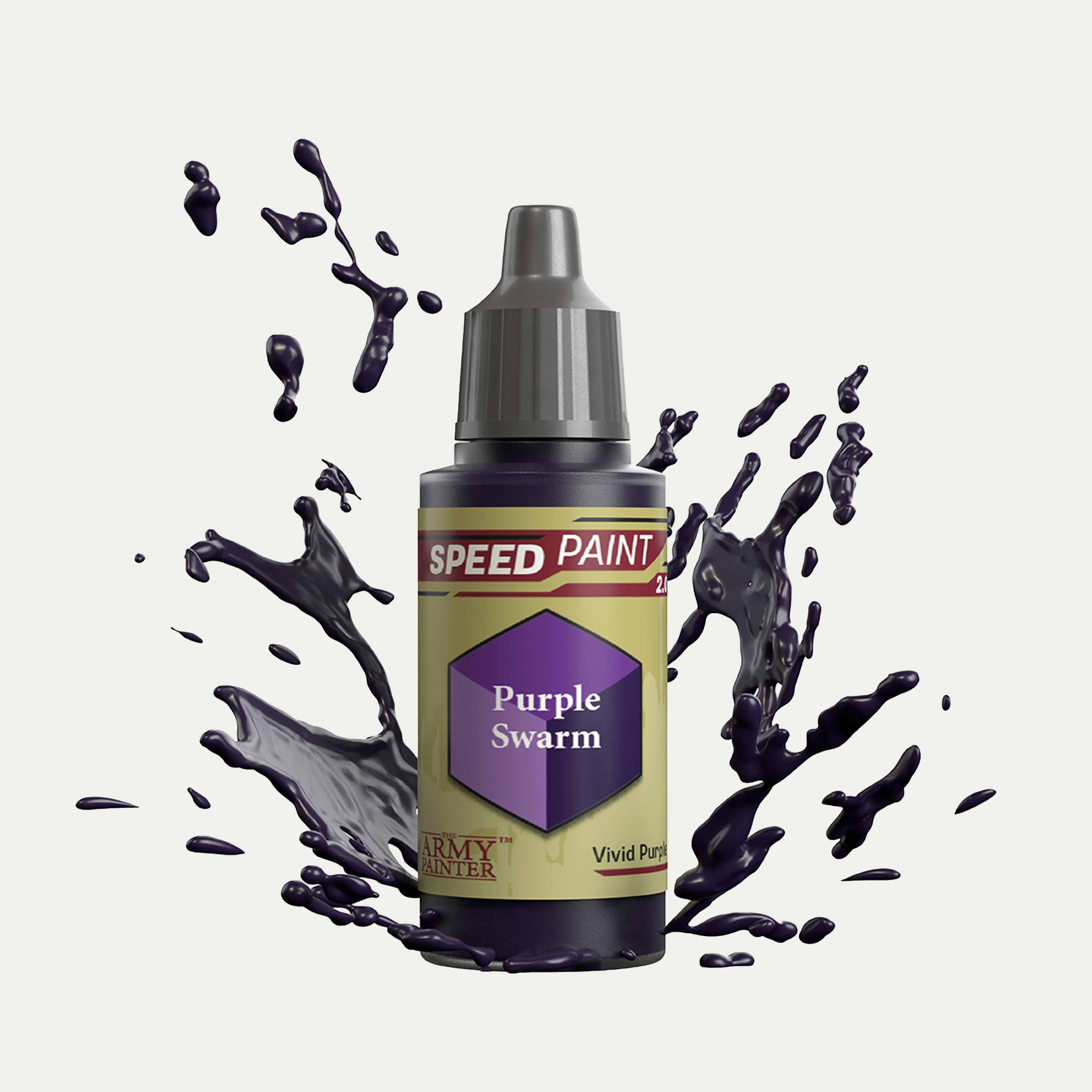 Bottle of the Army Painter Speedpaint in the colour Purple Swarm on a white background. There are splatters of Purple Swarm paint emerging from the bottom of the paint bottle. 