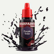 Bottle of the Army Painter Fanatics Wash in the colour Purple Tone on a white background. There are splatters of paint emerging from the bottom of the paint bottle. 