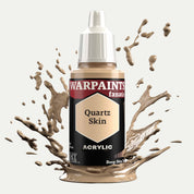 Bottle of the Army Painter Fanatics in the colour Quartz Skin on a white background. There are splatters of paint emerging from the bottom of the paint bottle. 