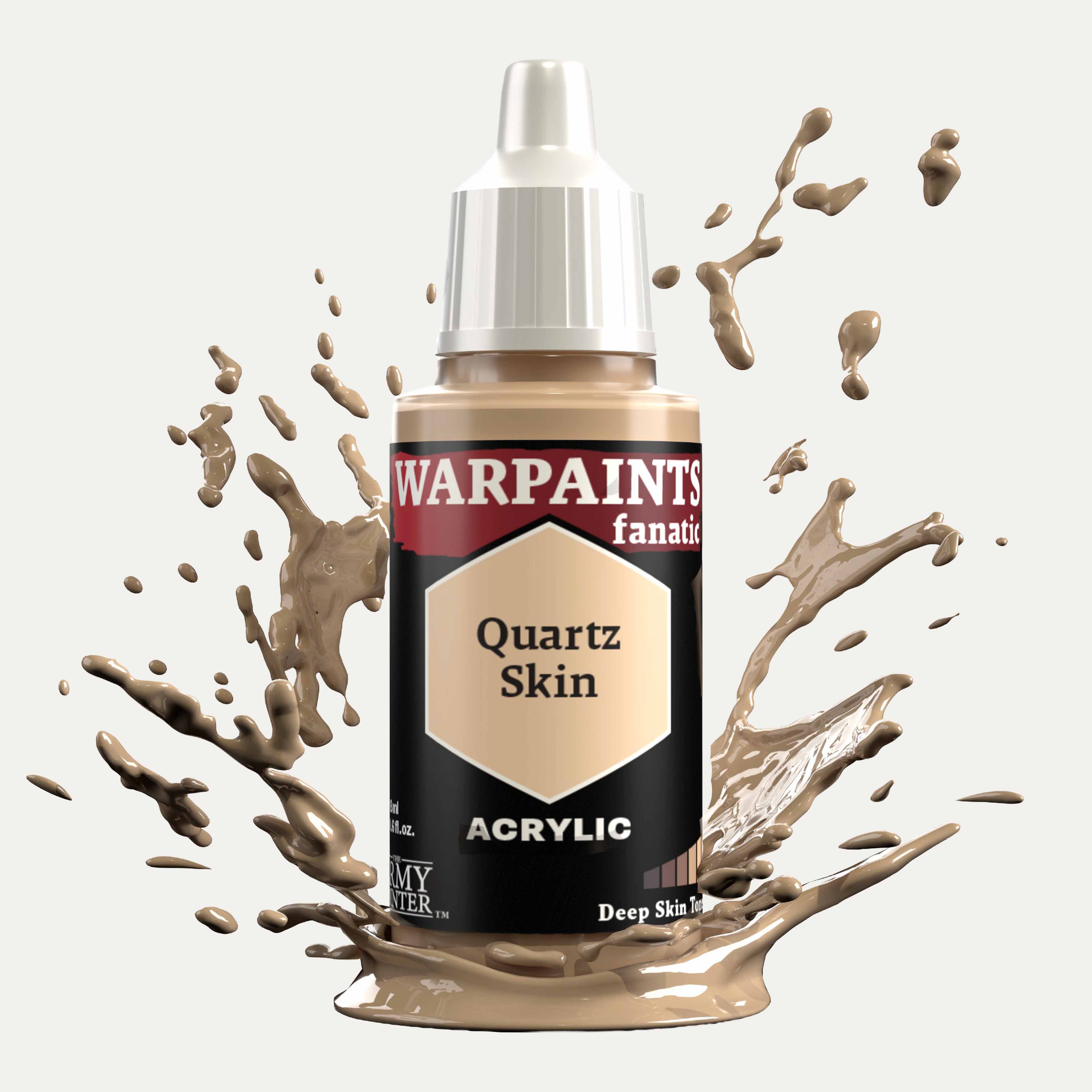 Bottle of the Army Painter Fanatics in the colour Quartz Skin on a white background. There are splatters of paint emerging from the bottom of the paint bottle. 