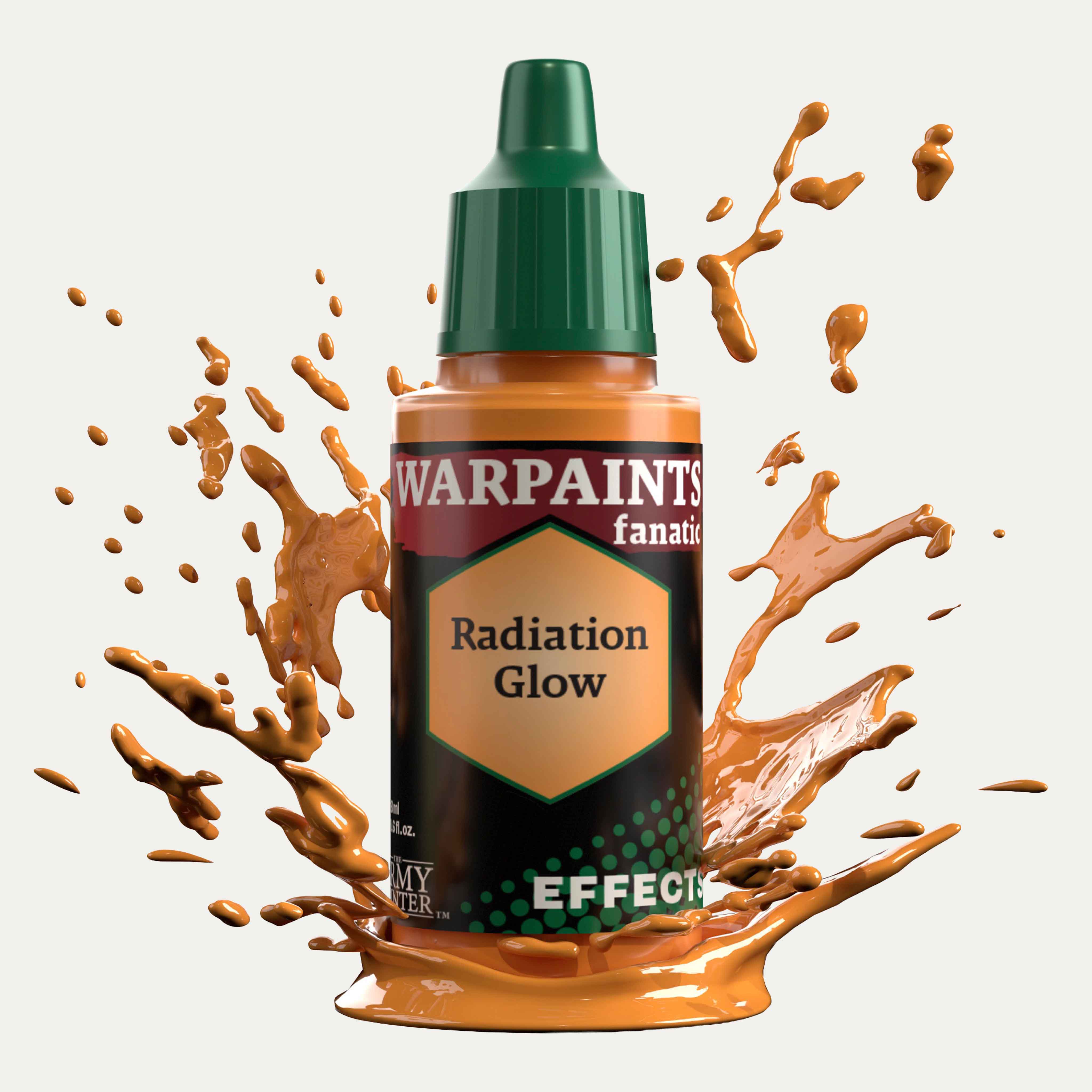 Bottle of the Army Painter Fanatics Effects in the colour Radiation Glow on a white background. There are splatters of paint emerging from the bottom of the paint bottle. 
