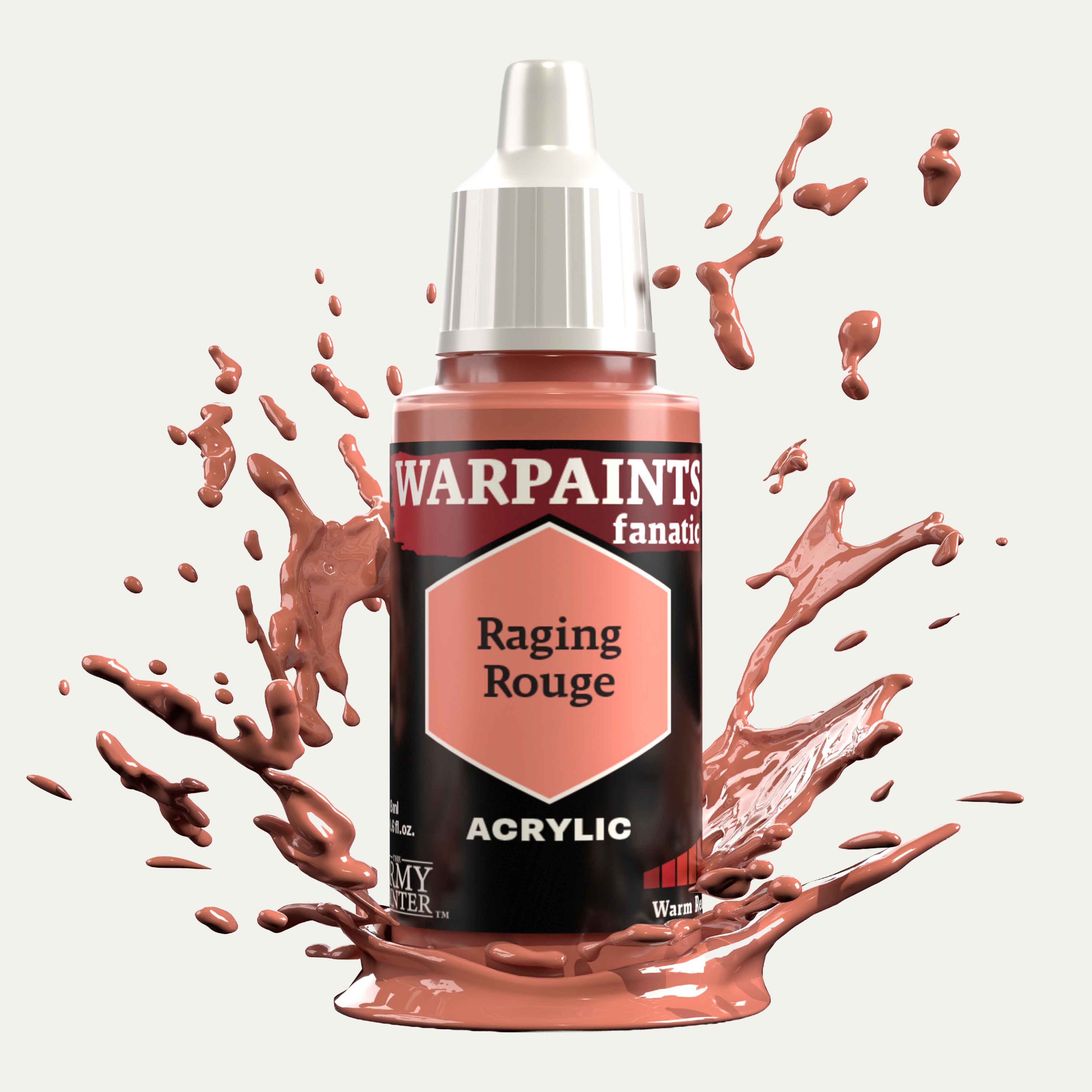 Bottle of the Army Painter Fanatics in the colour Raging Rouge on a white background. There are splatters of paint emerging from the bottom of the paint bottle. 