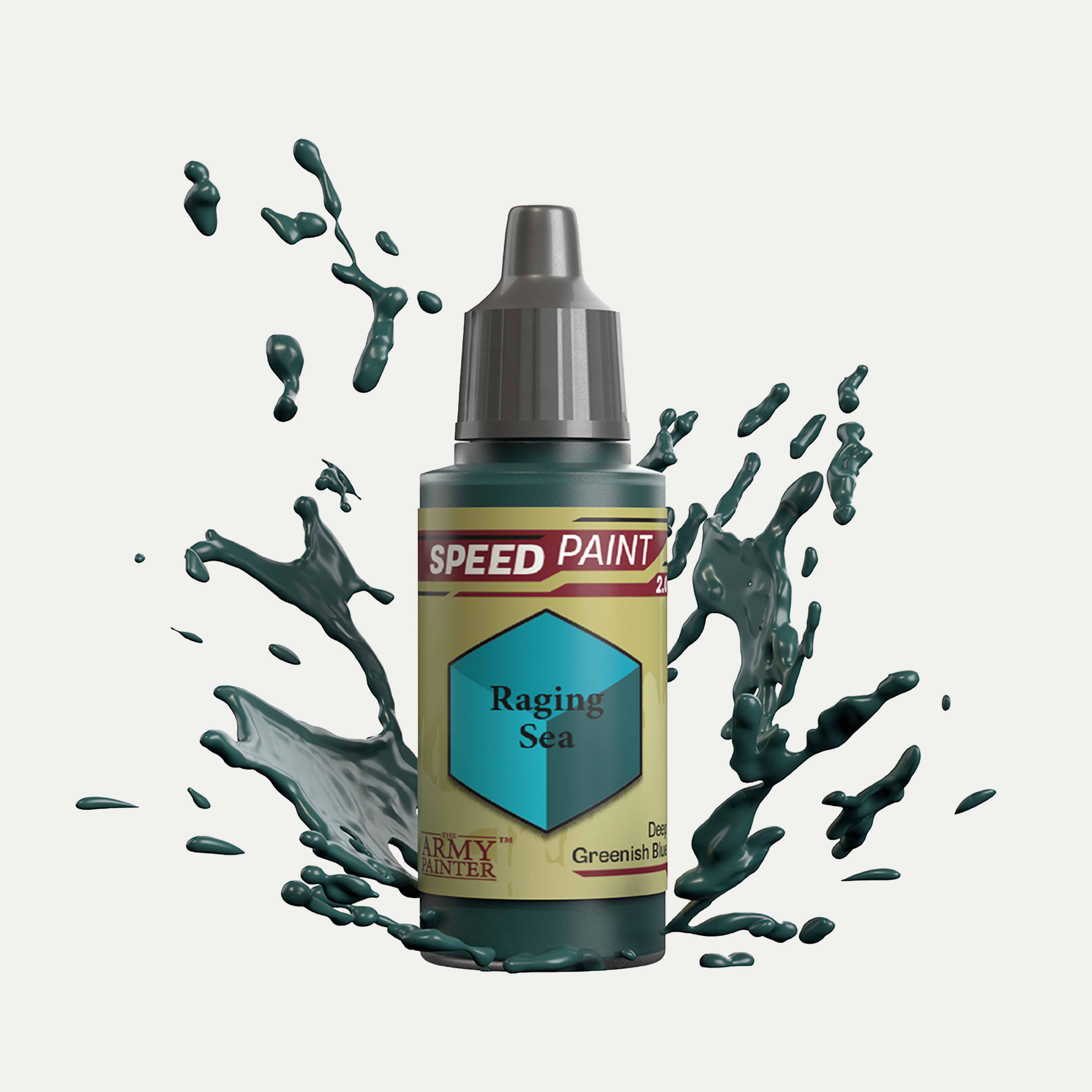 Bottle of the Army Painter Speedpaint in the colour Raging Sea a white background. There are splatters of Raging Sea paint emerging from the bottom of the paint bottle. 