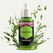 Bottle of the Army Painter Fanatics in the colour Rainforest on a white background. There are splatters of paint emerging from the bottom of the paint bottle. 