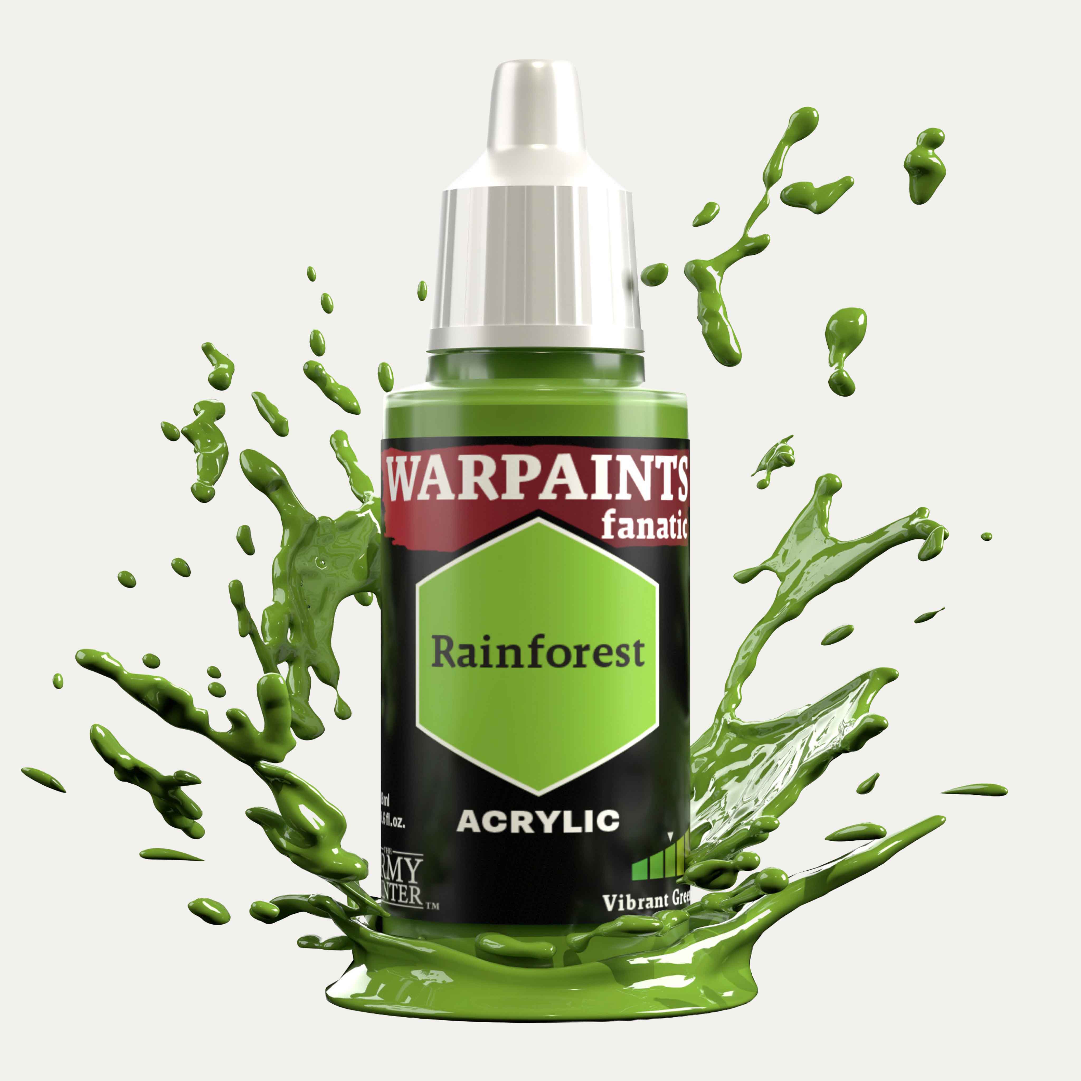 Bottle of the Army Painter Fanatics in the colour Rainforest on a white background. There are splatters of paint emerging from the bottom of the paint bottle. 