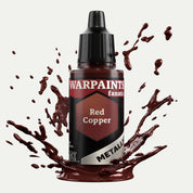 Bottle of the Army Painter Fanatics Metallic paint in the colour Red Copper on a white background. There are splatters of paint emerging from the bottom of the paint bottle. 