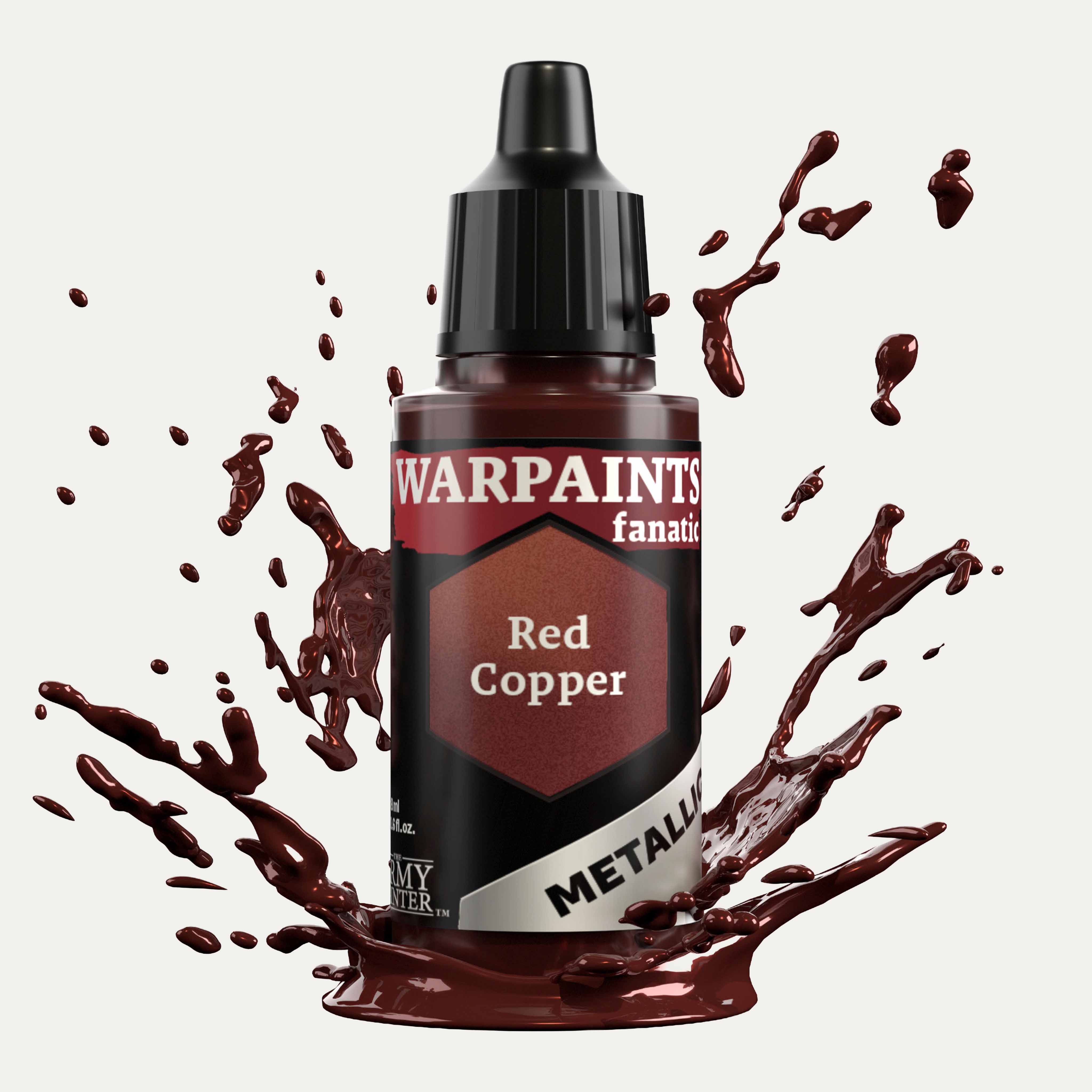 Bottle of the Army Painter Fanatics Metallic paint in the colour Red Copper on a white background. There are splatters of paint emerging from the bottom of the paint bottle. 