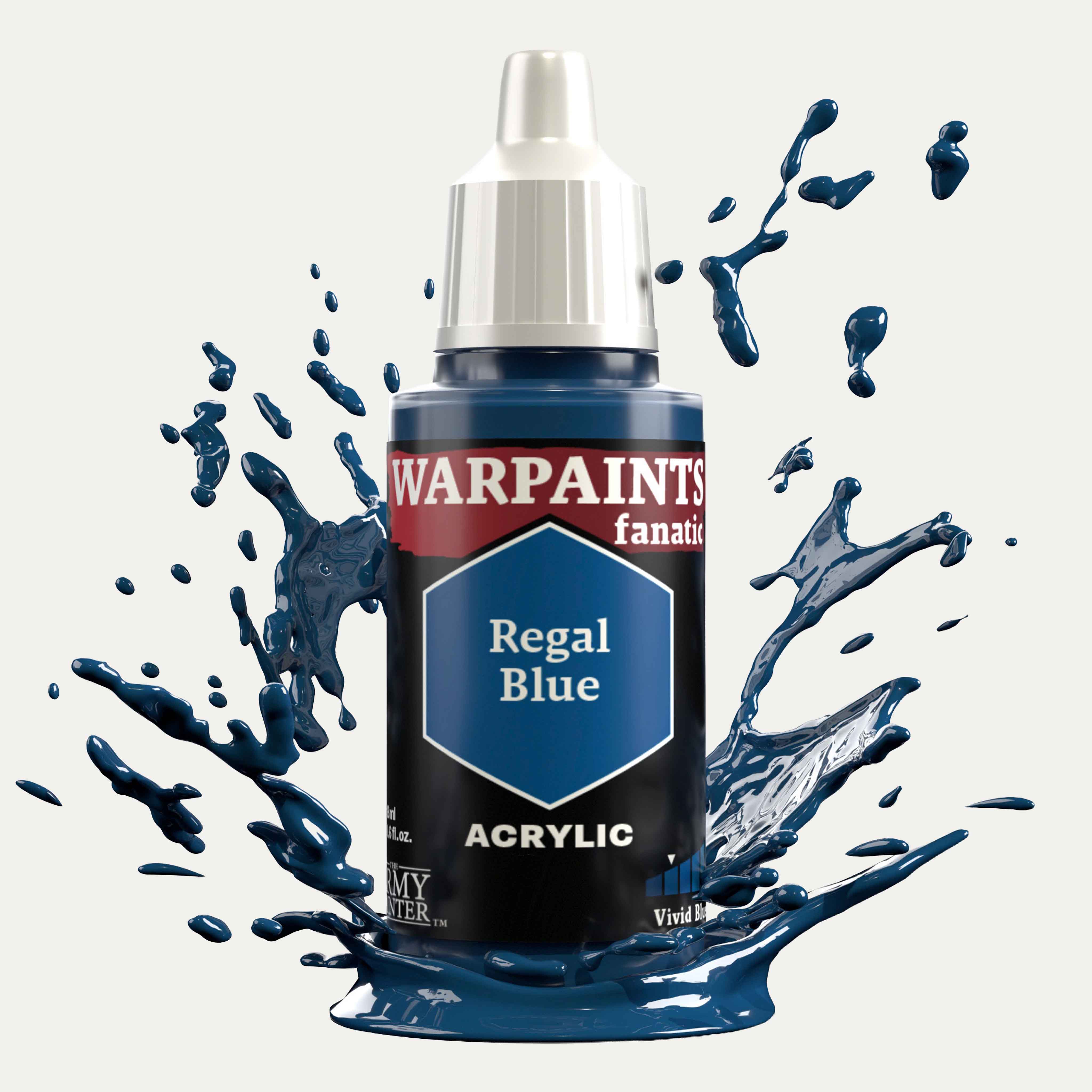 Bottle of the Army Painter Fanatics in the colour Regal Blue on a white background. There are splatters of paint emerging from the bottom of the paint bottle. 