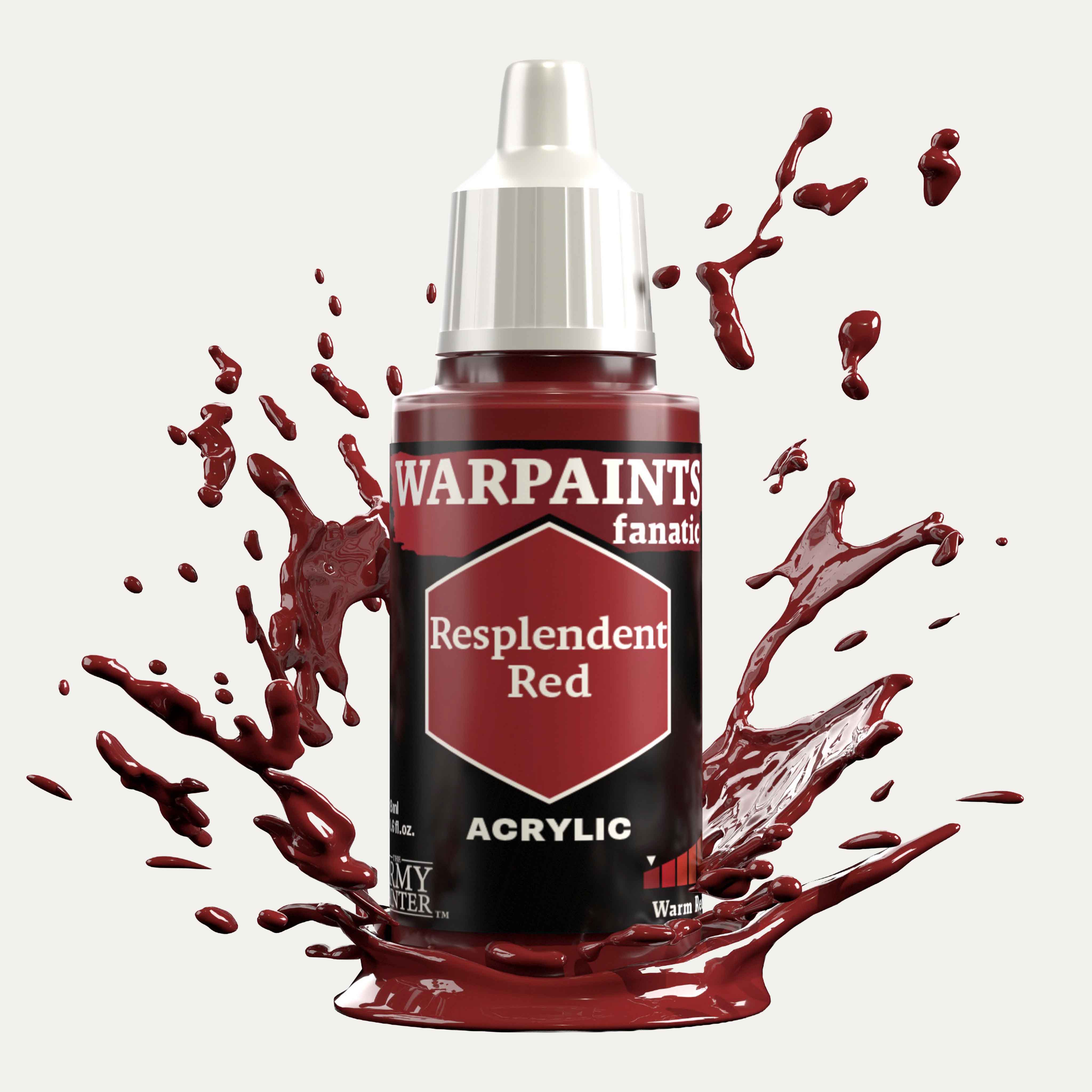 Bottle of the Army Painter Fanatics in the colour Resplendent Red on a white background. There are splatters of paint emerging from the bottom of the paint bottle. 