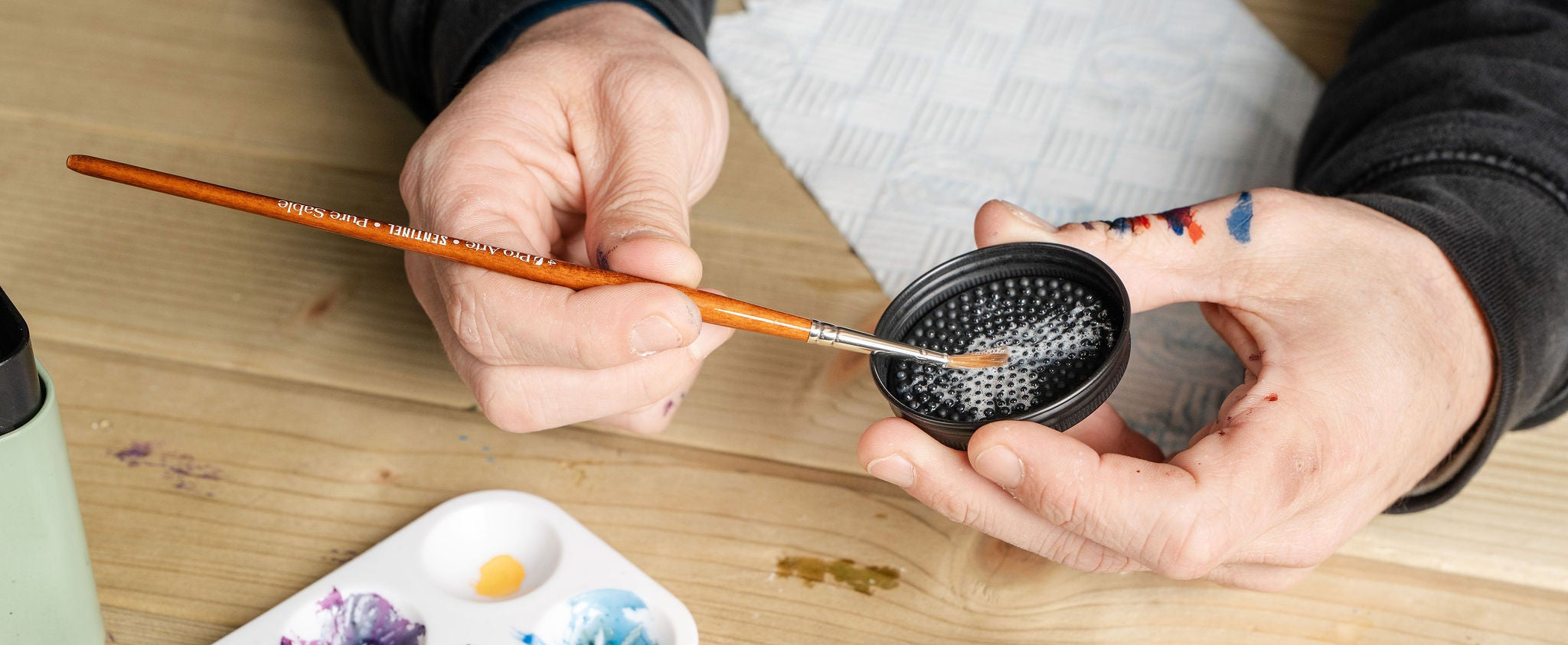Cleaning a Pro Arte Sentinel Paintbrush with ABC paintbrush cleaner. 
