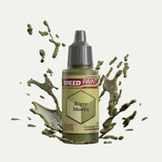 Bottle of the Army Painters Speedpaint in the colour Rigor Mortis on a white background. There are splatters of Rigor Mortis paint emerging from the bottom of the paint bottle. 