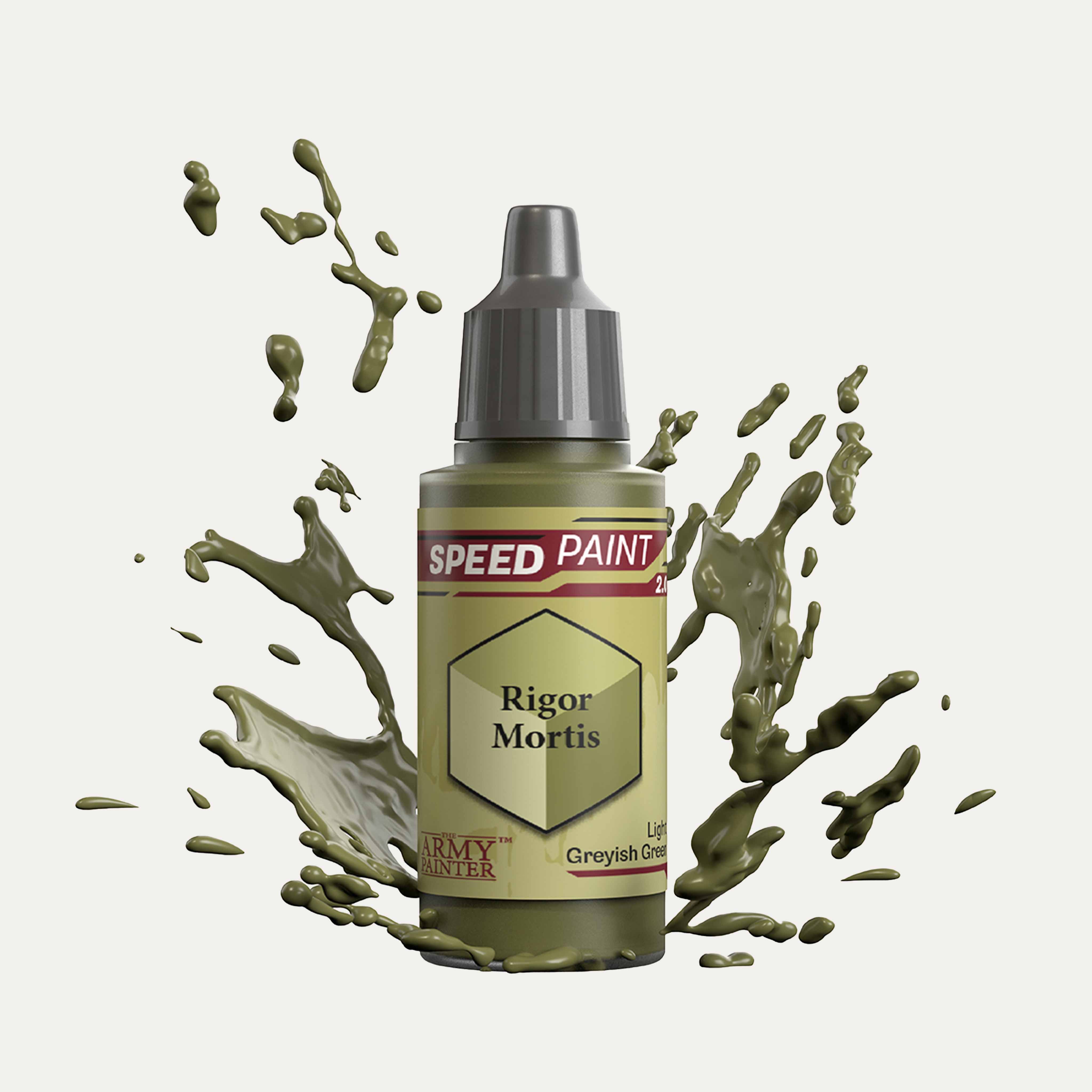 Bottle of the Army Painters Speedpaint in the colour Rigor Mortis on a white background. There are splatters of Rigor Mortis paint emerging from the bottom of the paint bottle. 