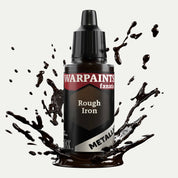 Bottle of the Army Painter Fanatics Metallic paint in the colour Rough Iron on a white background. There are splatters of paint emerging from the bottom of the paint bottle. 