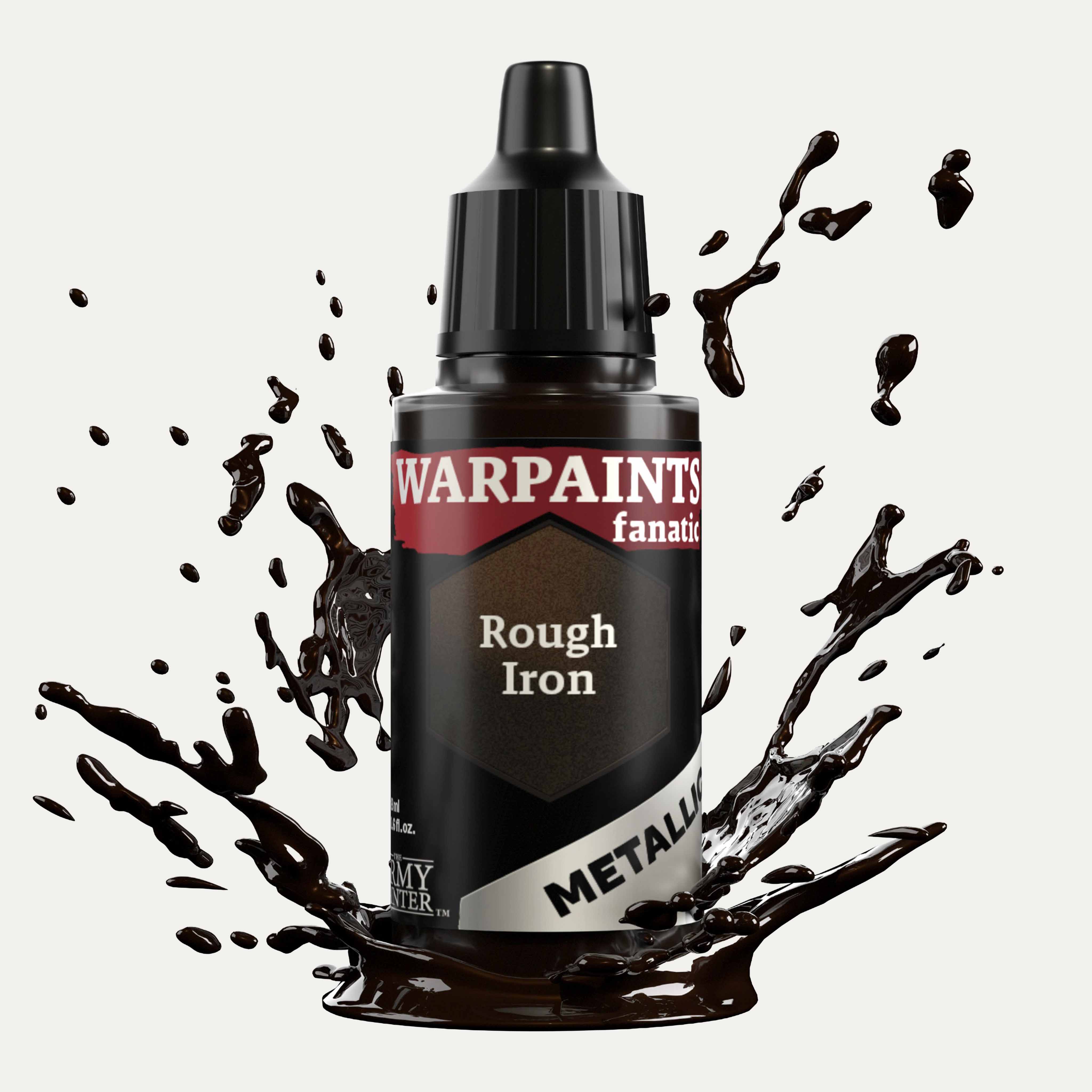 Bottle of the Army Painter Fanatics Metallic paint in the colour Rough Iron on a white background. There are splatters of paint emerging from the bottom of the paint bottle. 