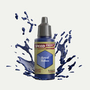 Bottle of the Army Painter Speedpaint in the colour Royal Robes on a white background. There are splatters of Royal Robes paint emerging from the bottom of the paint bottle. 