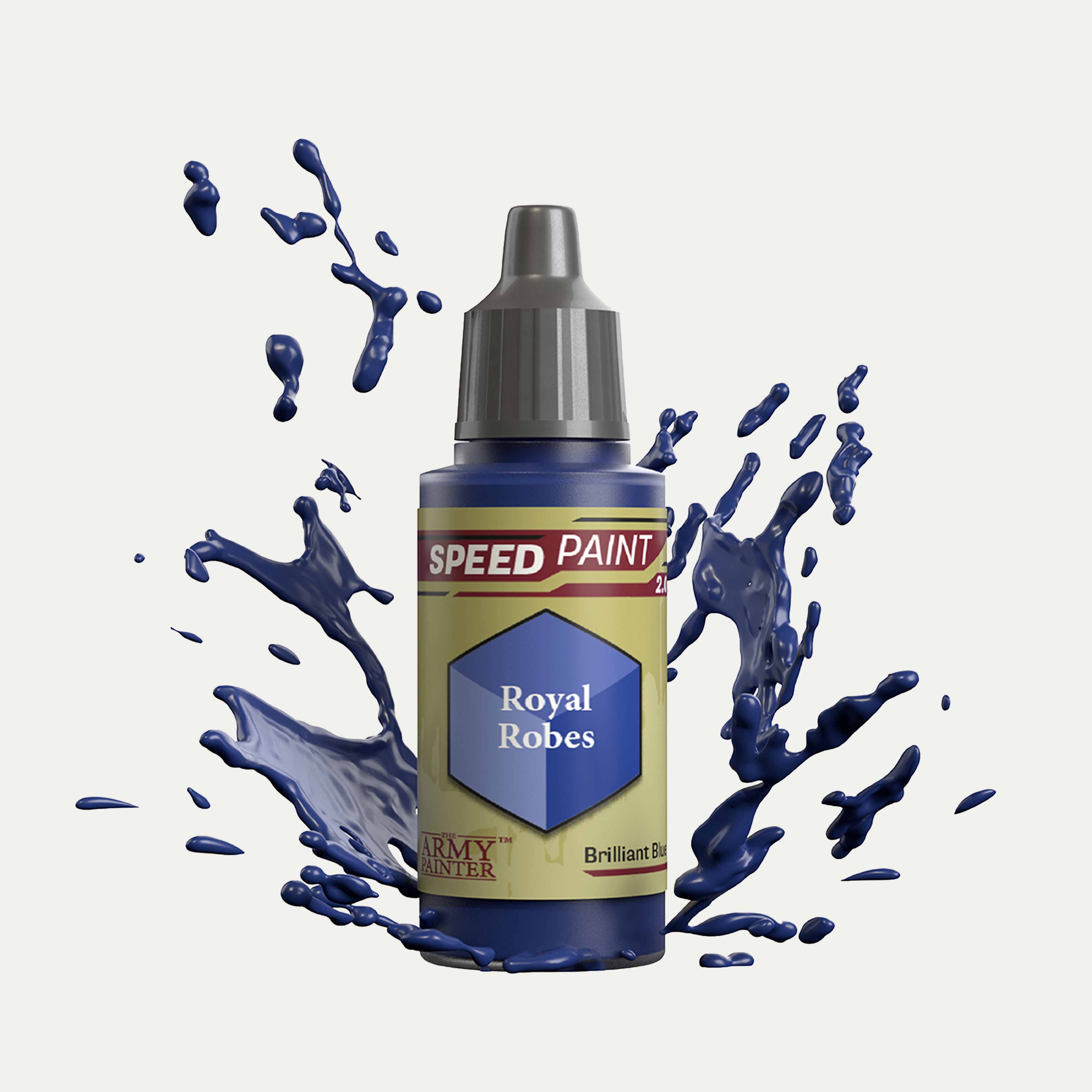 Bottle of the Army Painter Speedpaint in the colour Royal Robes on a white background. There are splatters of Royal Robes paint emerging from the bottom of the paint bottle. 