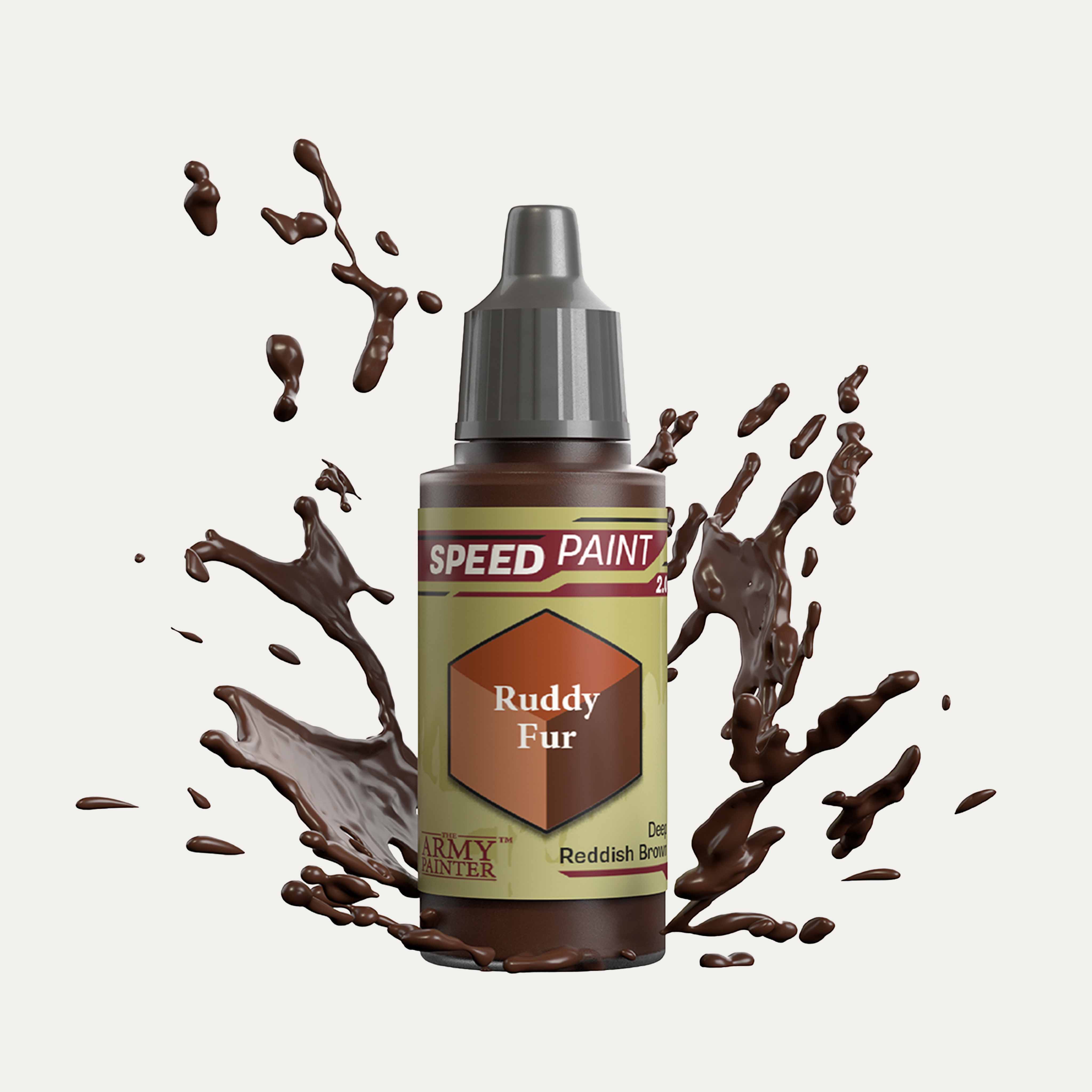 Bottle of the Army Painters Speedpaint in the colour Ruddy Fur on a white background. There are splatters of Ruddy Fur paint emerging from the bottom of the paint bottle. 
