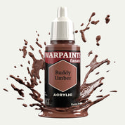 Bottle of the Army Painter Fanatics in the colour Ruddy Umber on a white background. There are splatters of paint emerging from the bottom of the paint bottle. 