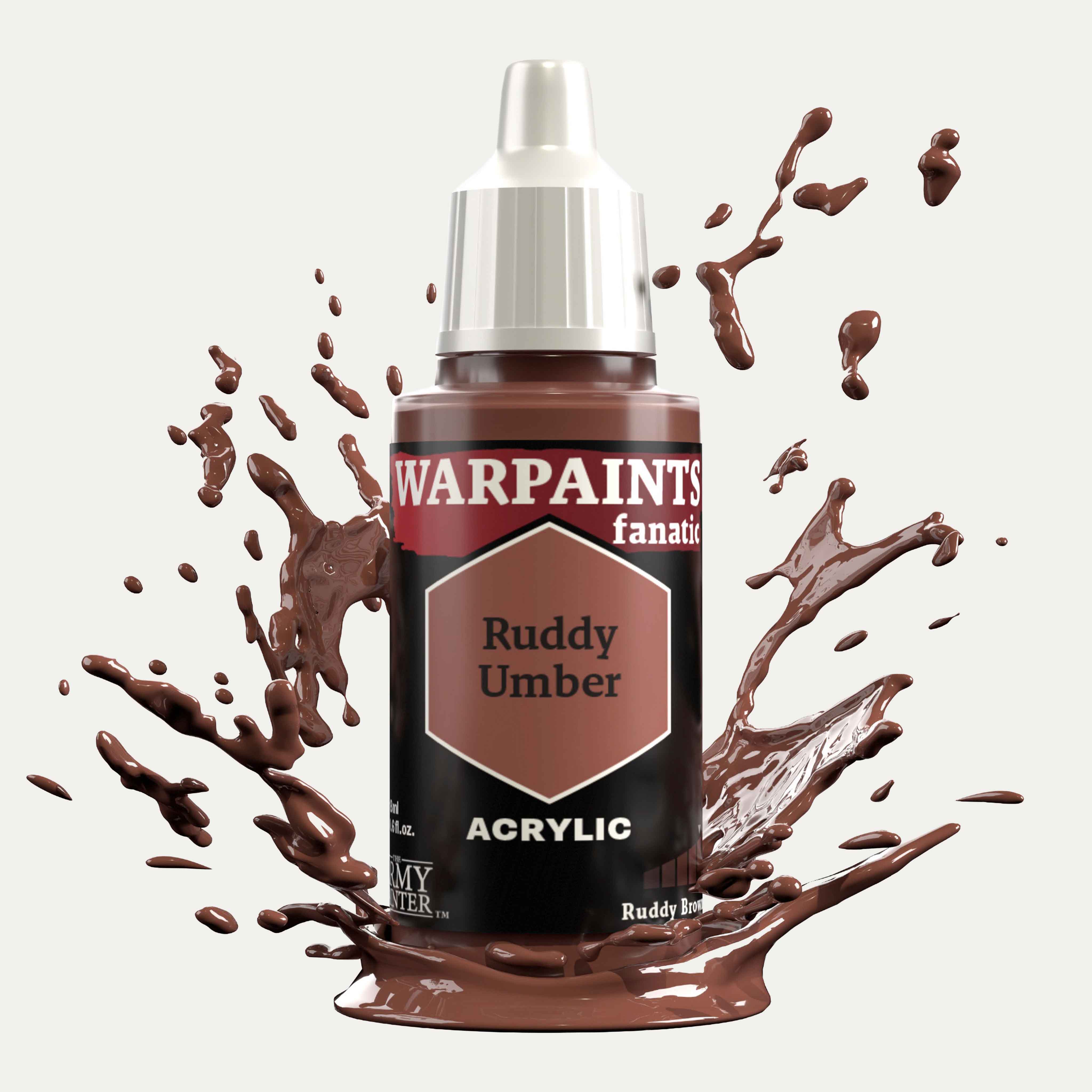 Bottle of the Army Painter Fanatics in the colour Ruddy Umber on a white background. There are splatters of paint emerging from the bottom of the paint bottle. 